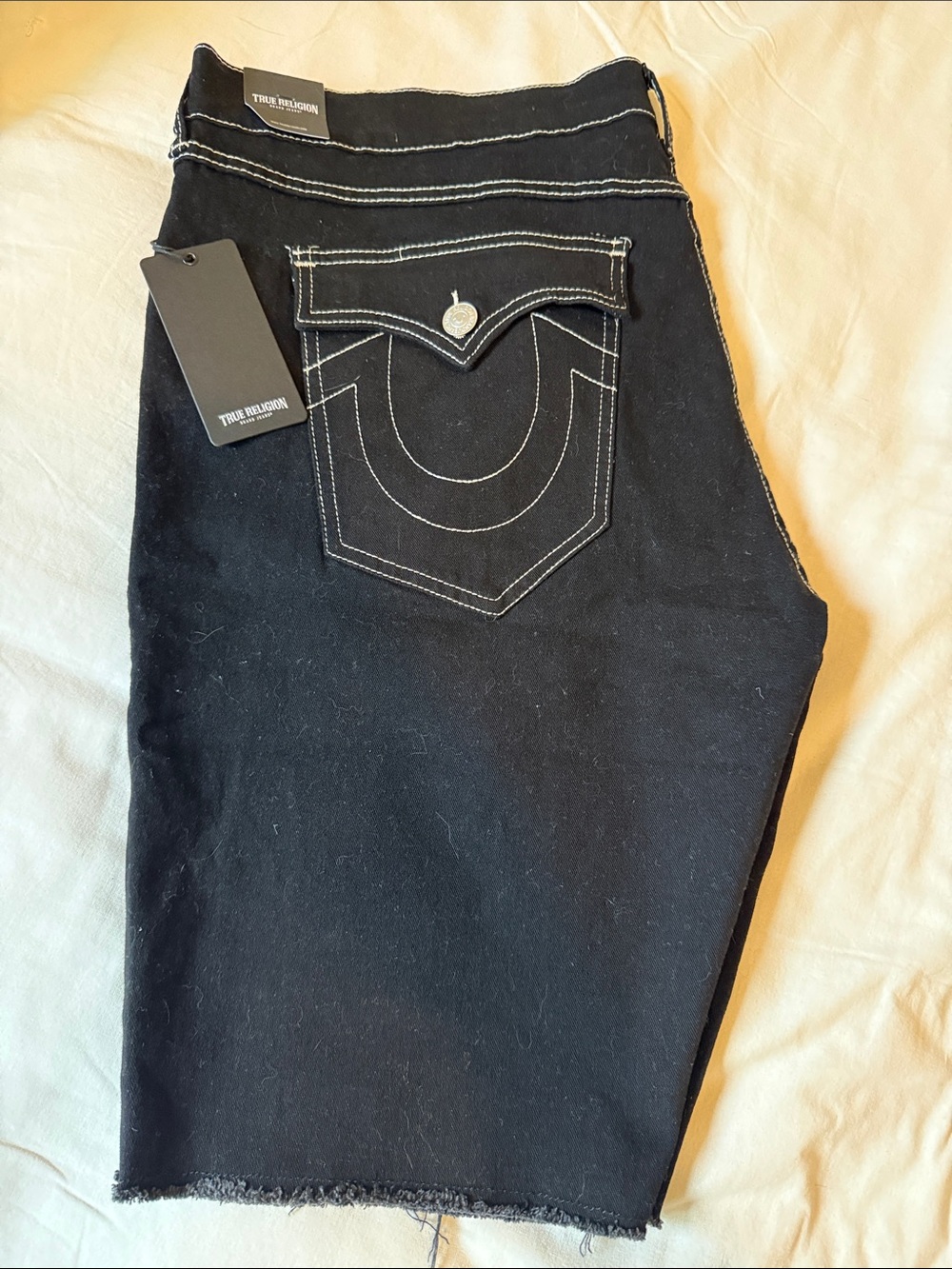 True Religion Black Denim Cutoff Shorts with White Stitching - Picture 6 of 6